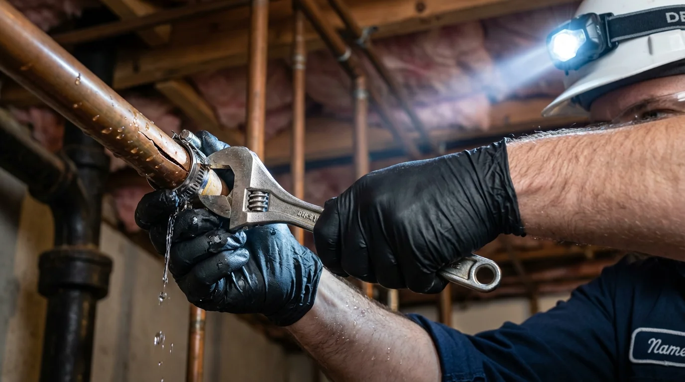 Emergency pipe clamp repair being performed by a Johns Plumbing LLC plumber in Galesburg