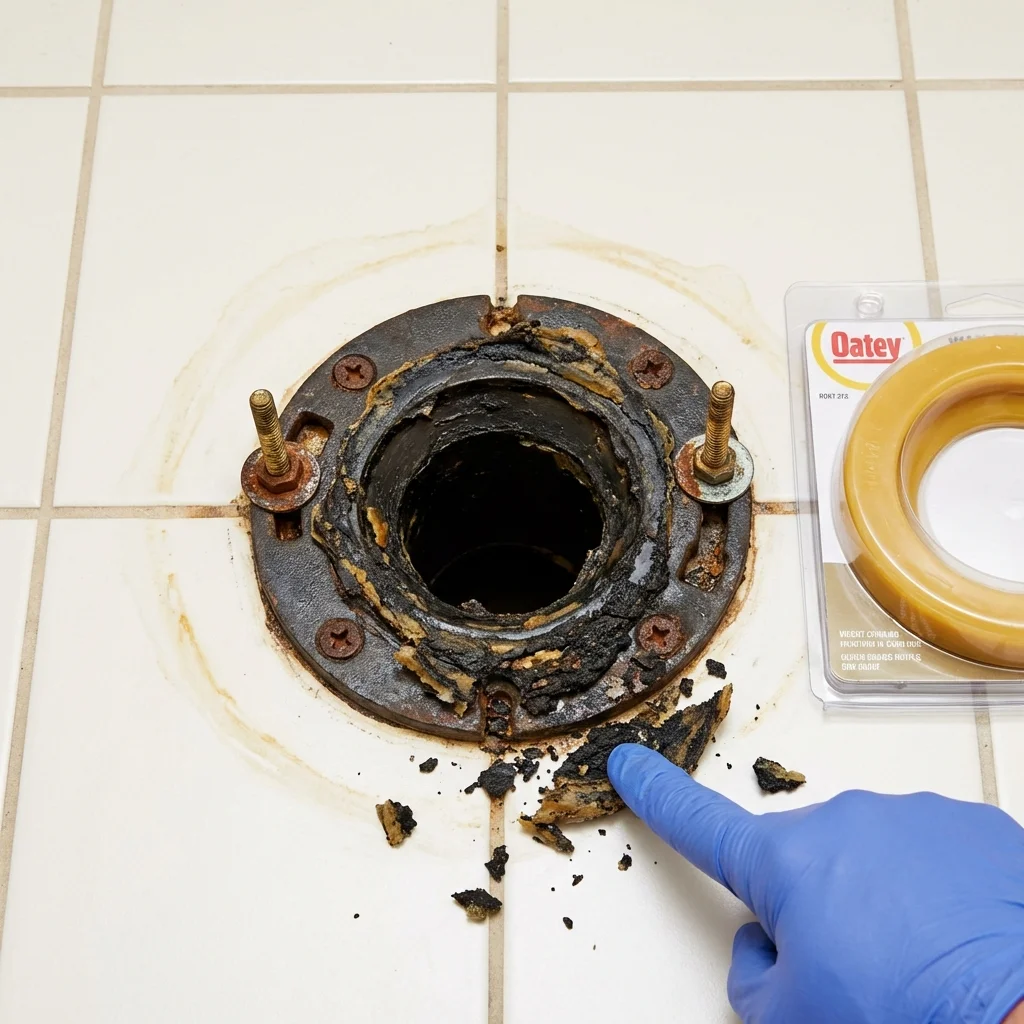 Failed wax ring showing water seepage at the base of a toilet in a Galesburg, IL home