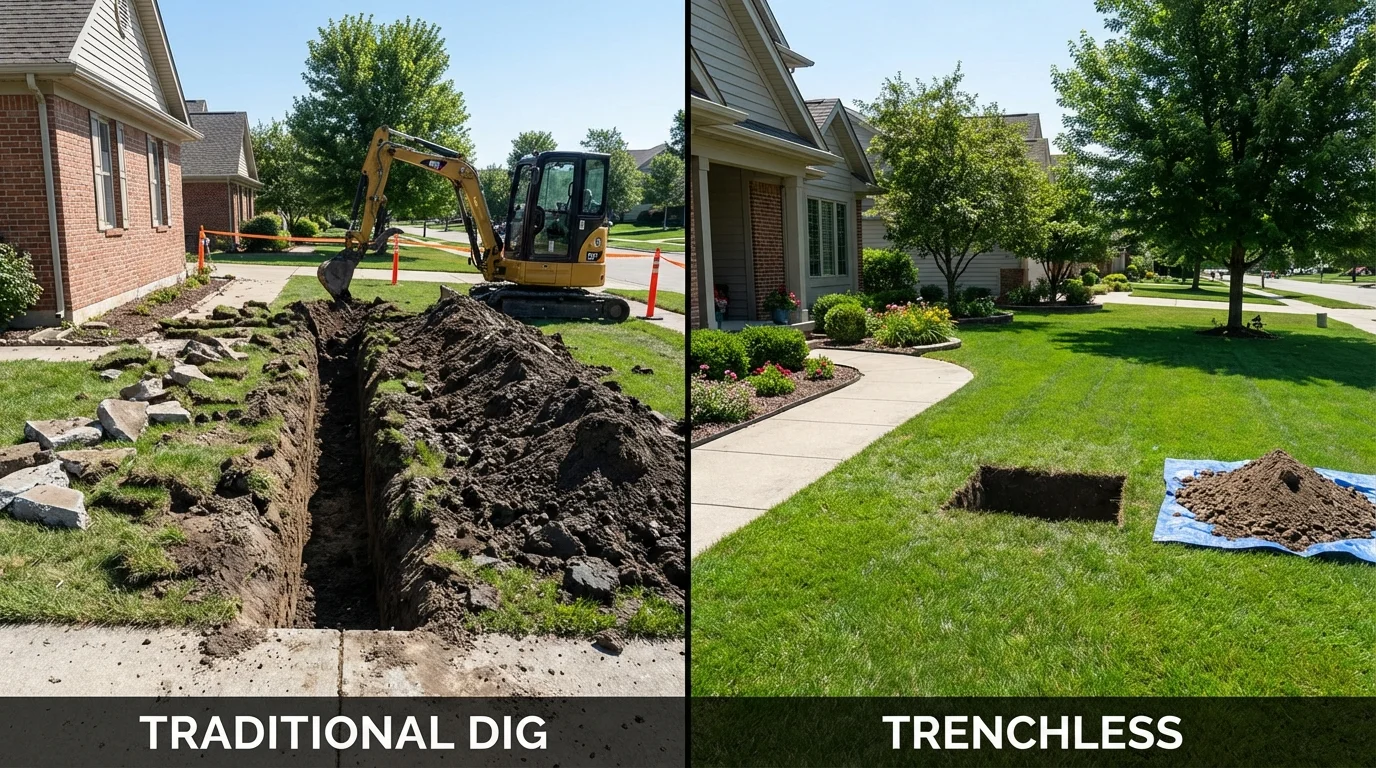 Trenchless sewer repair with minimal yard damage versus traditional excavation in Galesburg, IL