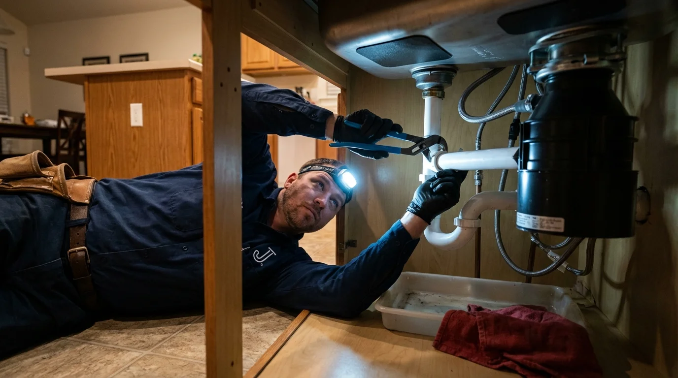 P-trap and supply line connections under a kitchen sink showing a common leak point in Galesburg, IL
